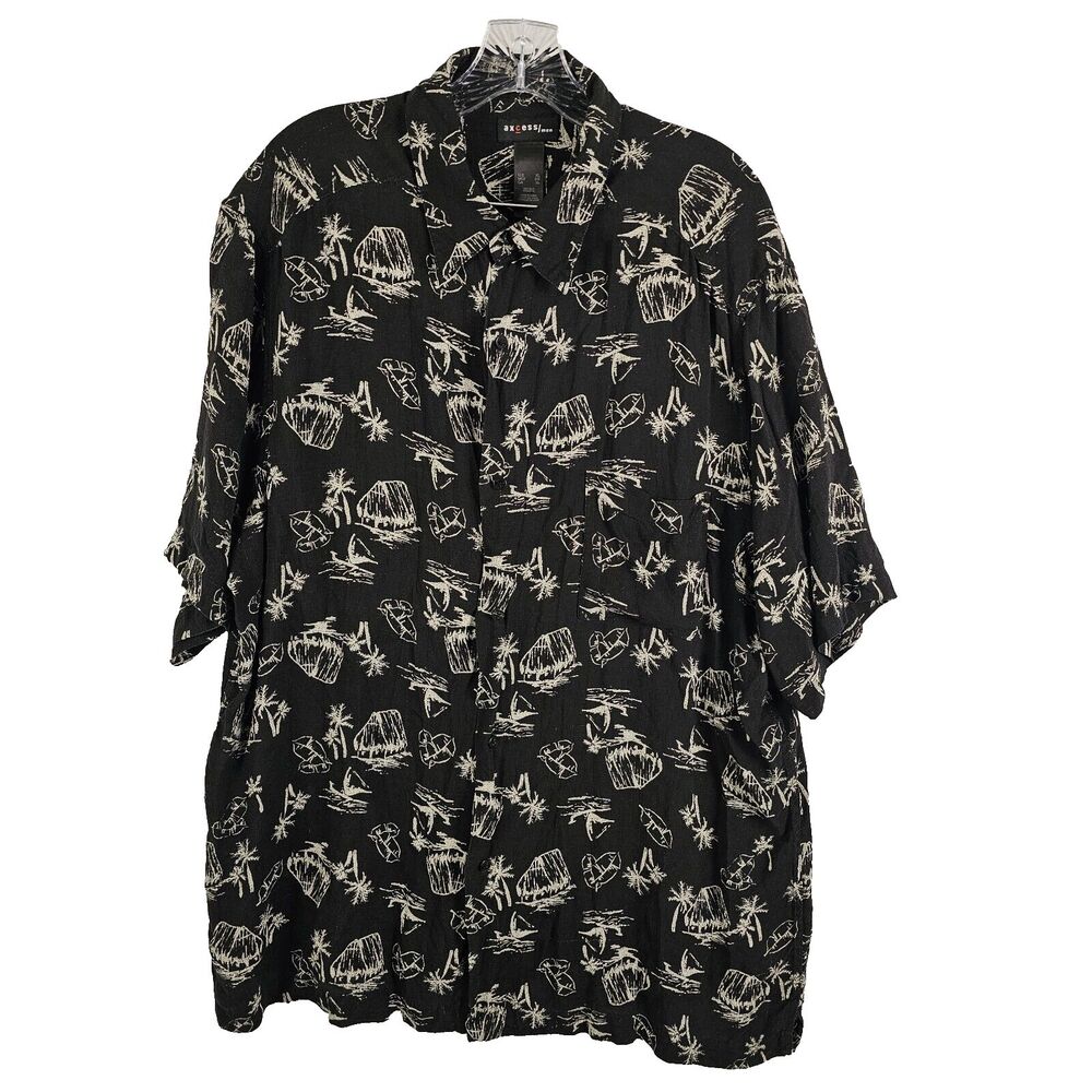 Axcess Men Hawaiian Island Shirt XL Button Up Pocket Short Sleeve Black Silk